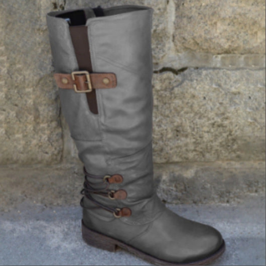 Women's knee-high boots in leather look with adjustable decorative straps and profile rubber sole Mune Fashion