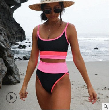 Ladies high-waisted bikini set with trendy block stripes Mune Fashion