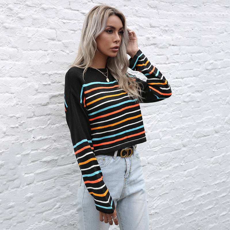 Ladies Cropped Fine Knit Sweater with Colorful Block Stripes Mune Fashion