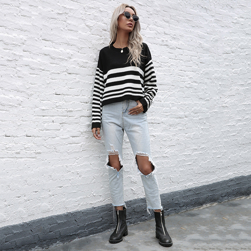 Women Oversize Fine Knit Sweater with Block and Stripes Mune Fashion