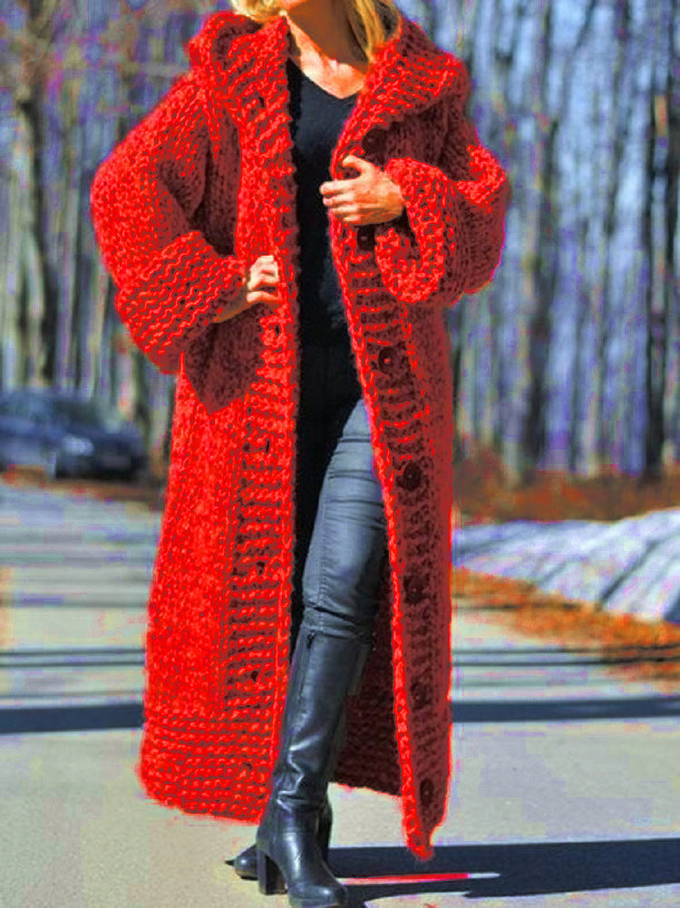 Women's Oversize Chunky Knit Maxi Coat with Hood and Button Placket Mune Fashion