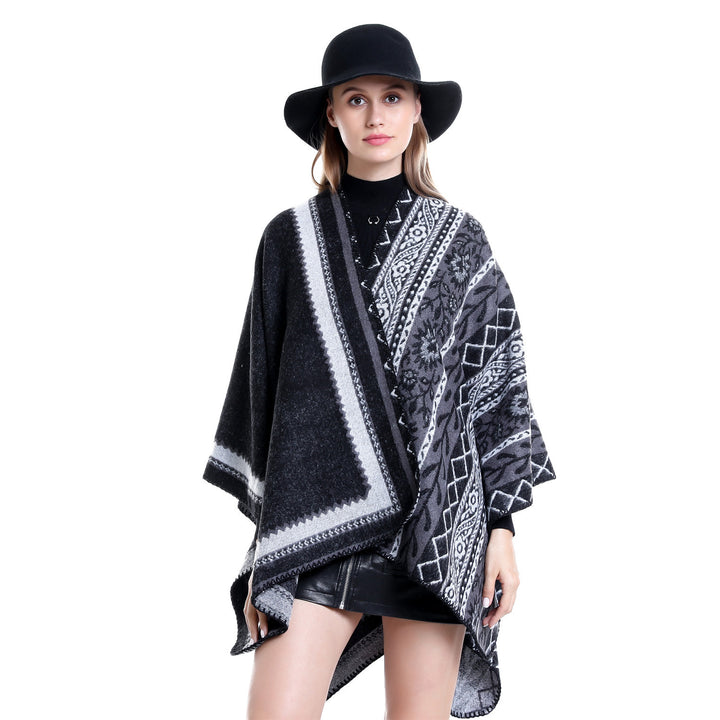 Women's Oversize Ruana Poncho with Ornament Jacquard and Crocheted Slip Stitch Mune Fashion