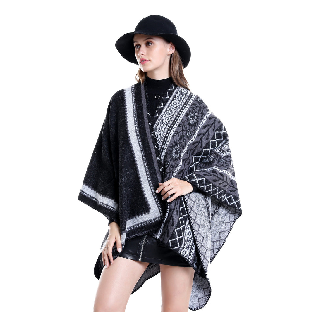 Women's Oversize Ruana Poncho with Ornament Jacquard and Crocheted Slip Stitch Mune Fashion