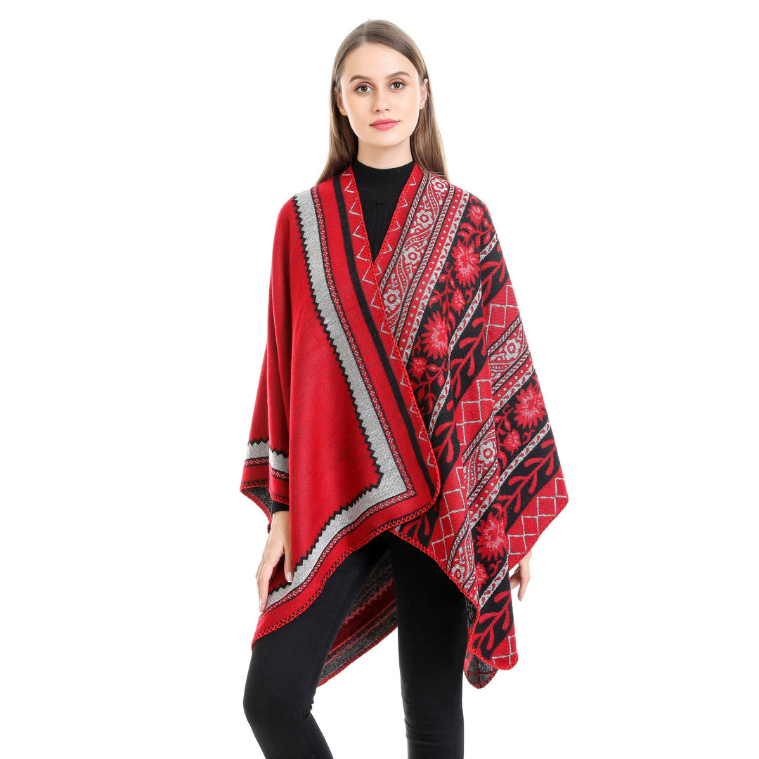 Women's Oversize Ruana Poncho with Ornament Jacquard and Crocheted Slip Stitch Mune Fashion