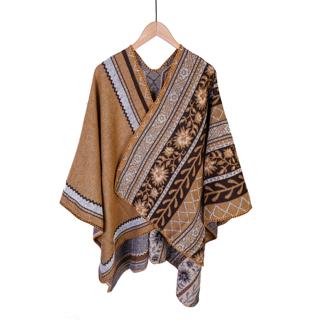 Women's Oversize Ruana Poncho with Ornament Jacquard and Crocheted Slip Stitch Mune Fashion