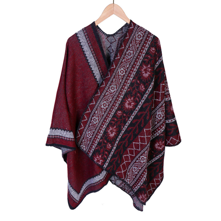 Women's Oversize Ruana Poncho with Ornament Jacquard and Crocheted Slip Stitch Mune Fashion