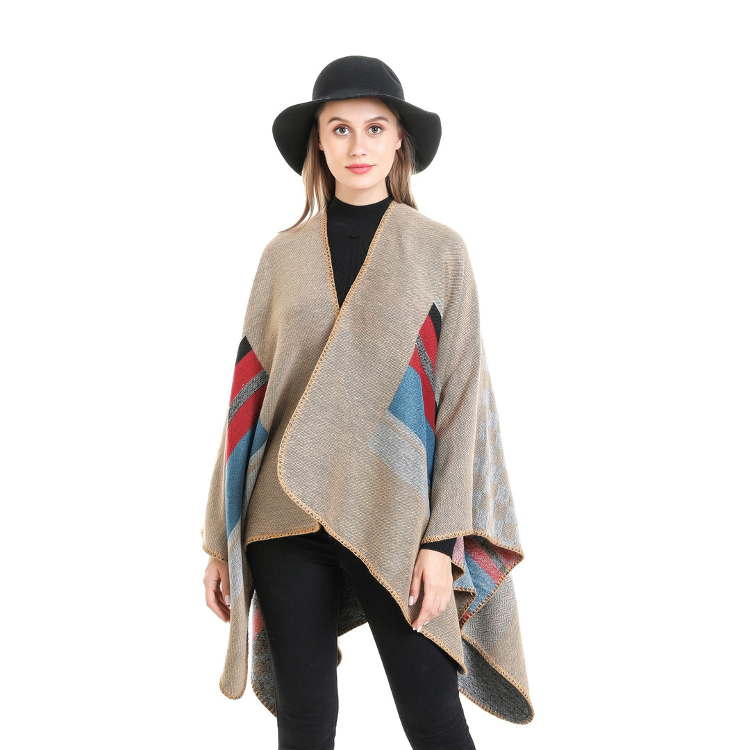 Women's Striped Wool Blend Ruana with Open Fall and Decorative Stitch Mune Fashion