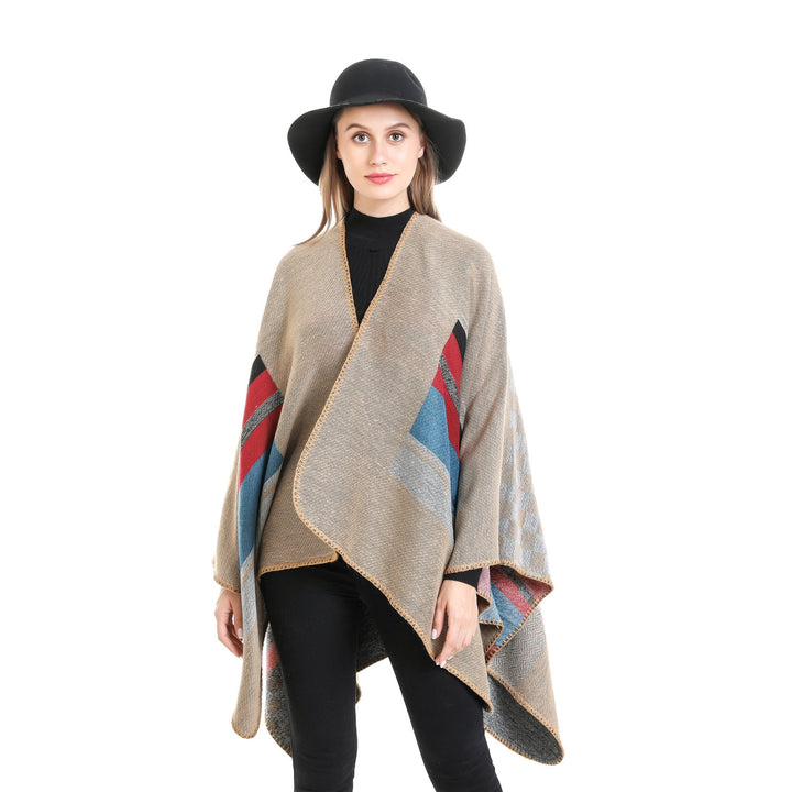 Women's Striped Wool Blend Ruana with Open Fall and Decorative Stitch Mune Fashion