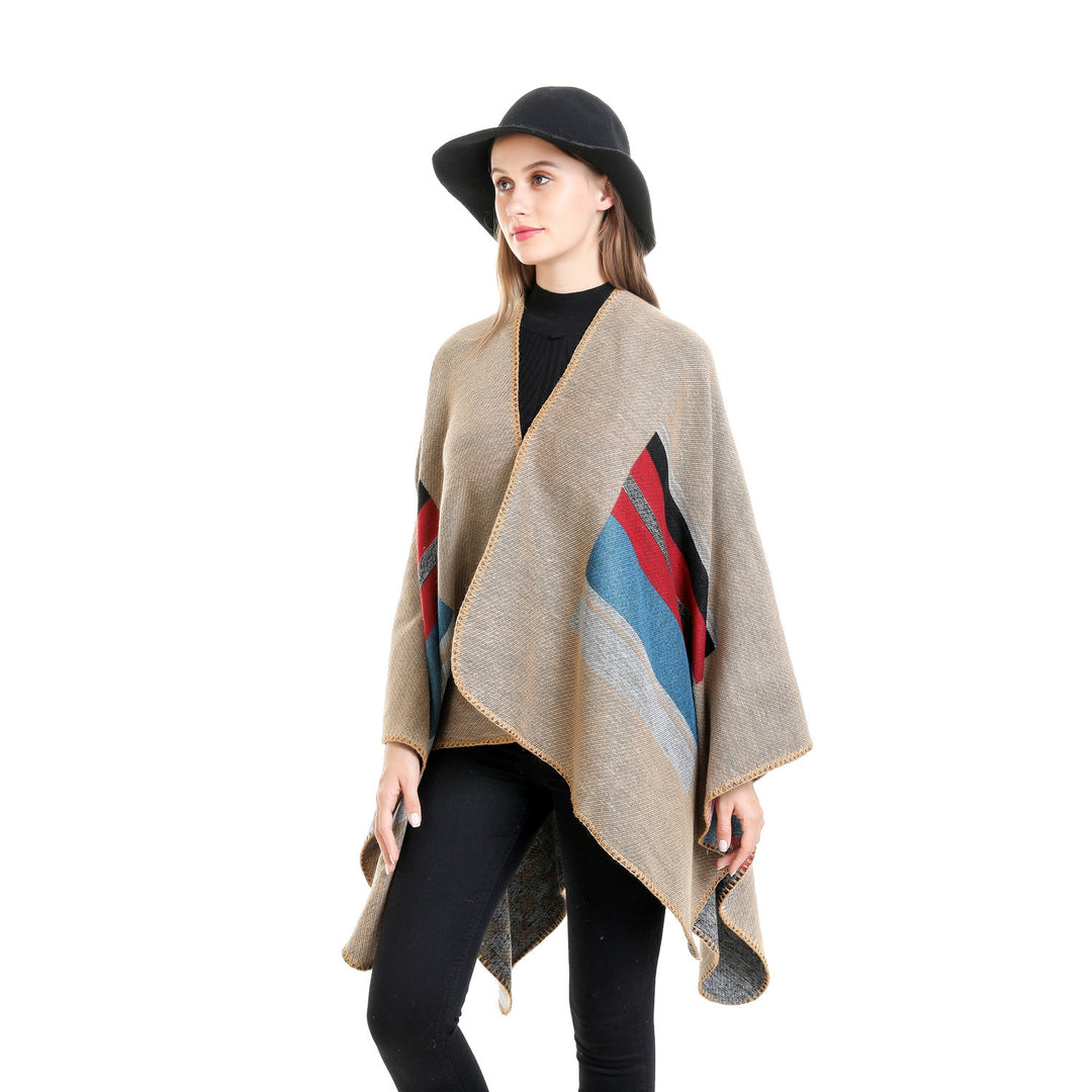 Women's Striped Wool Blend Ruana with Open Fall and Decorative Stitch Mune Fashion