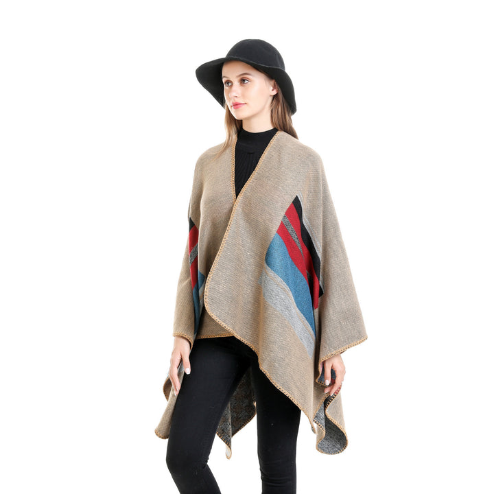 Women's Striped Wool Blend Ruana with Open Fall and Decorative Stitch Mune Fashion