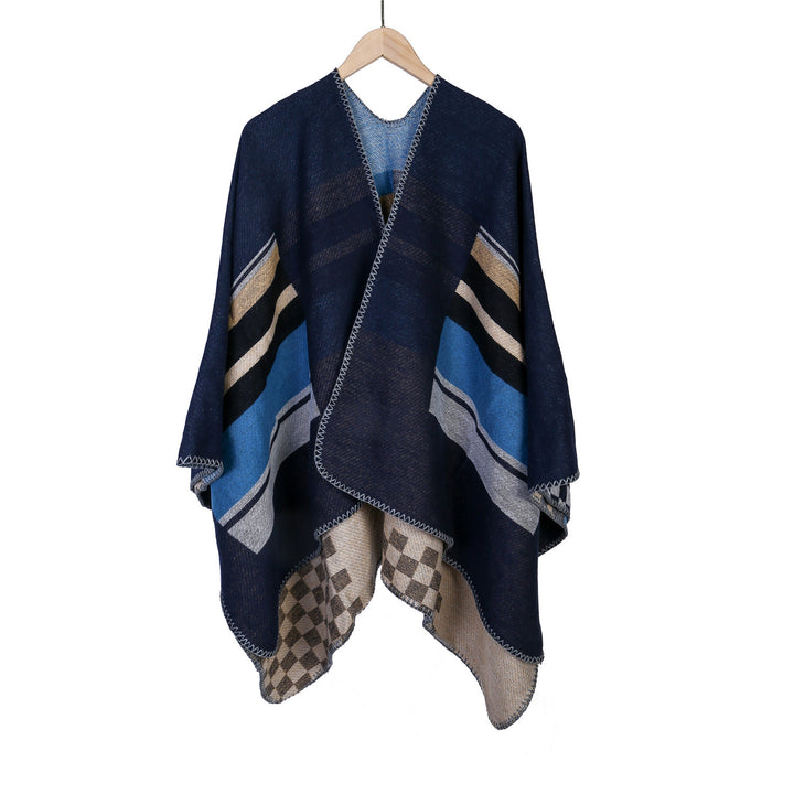 Women's Striped Wool Blend Ruana with Open Fall and Decorative Stitch Mune Fashion