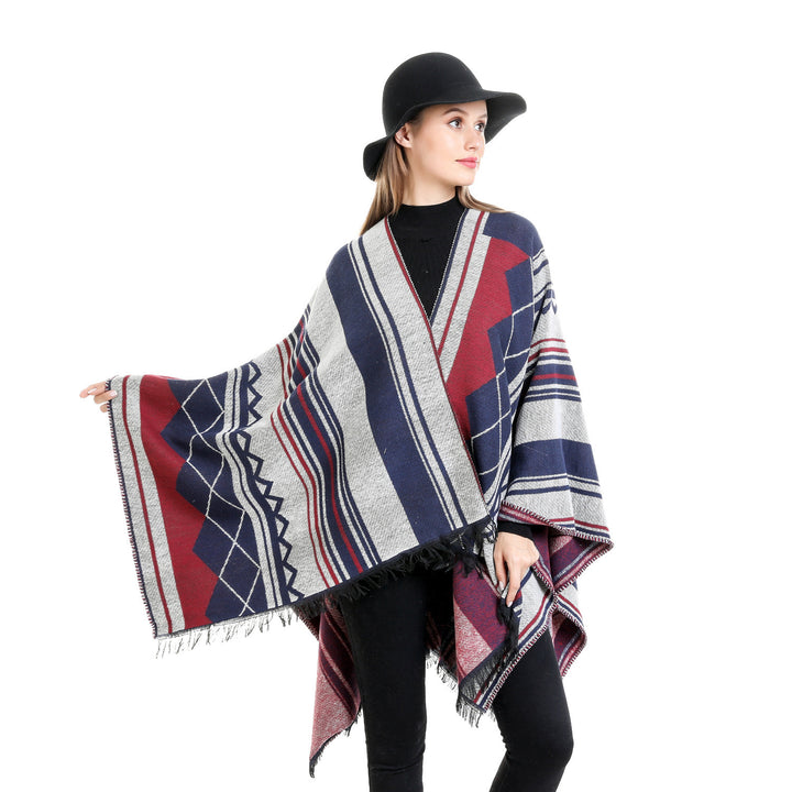 Ladies Jacquard Ruana in Oversized Kimono with Fringes and Geometric Pattern Mune Fashion