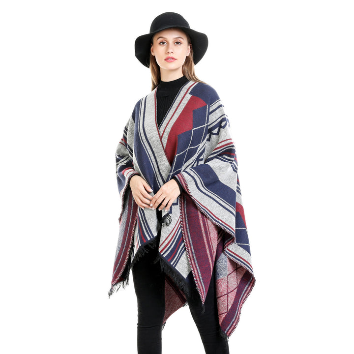 Ladies Jacquard Ruana in Oversized Kimono with Fringes and Geometric Pattern Mune Fashion