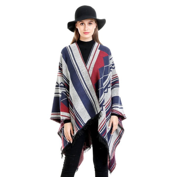 Ladies Jacquard Ruana in Oversized Kimono with Fringes and Geometric Pattern Mune Fashion