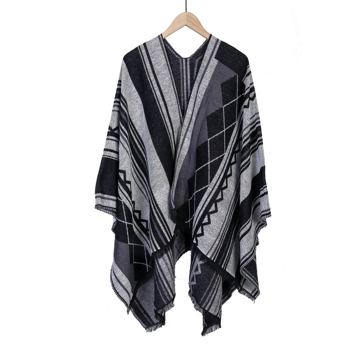 Ladies Jacquard Ruana in Oversized Kimono with Fringes and Geometric Pattern Mune Fashion