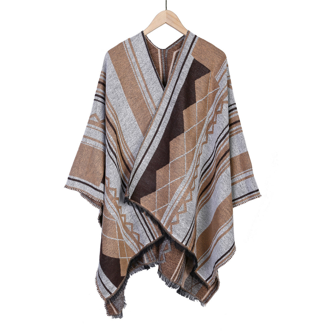 Ladies Jacquard Ruana in Oversized Kimono with Fringes and Geometric Pattern Mune Fashion