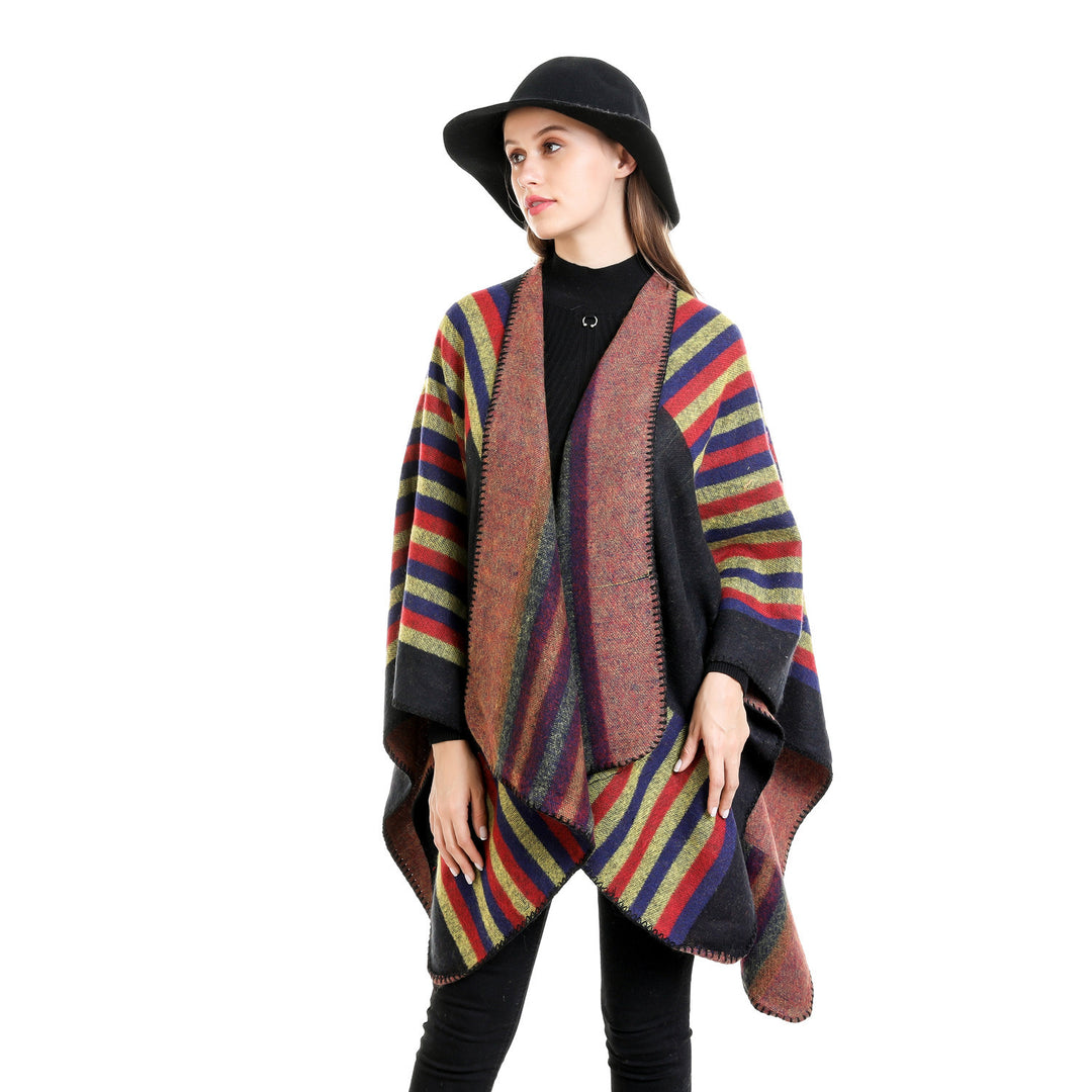 Ladies reversible friendly ruana in oversized with diagonal block stripes and decorative trim edge Mune Fashion