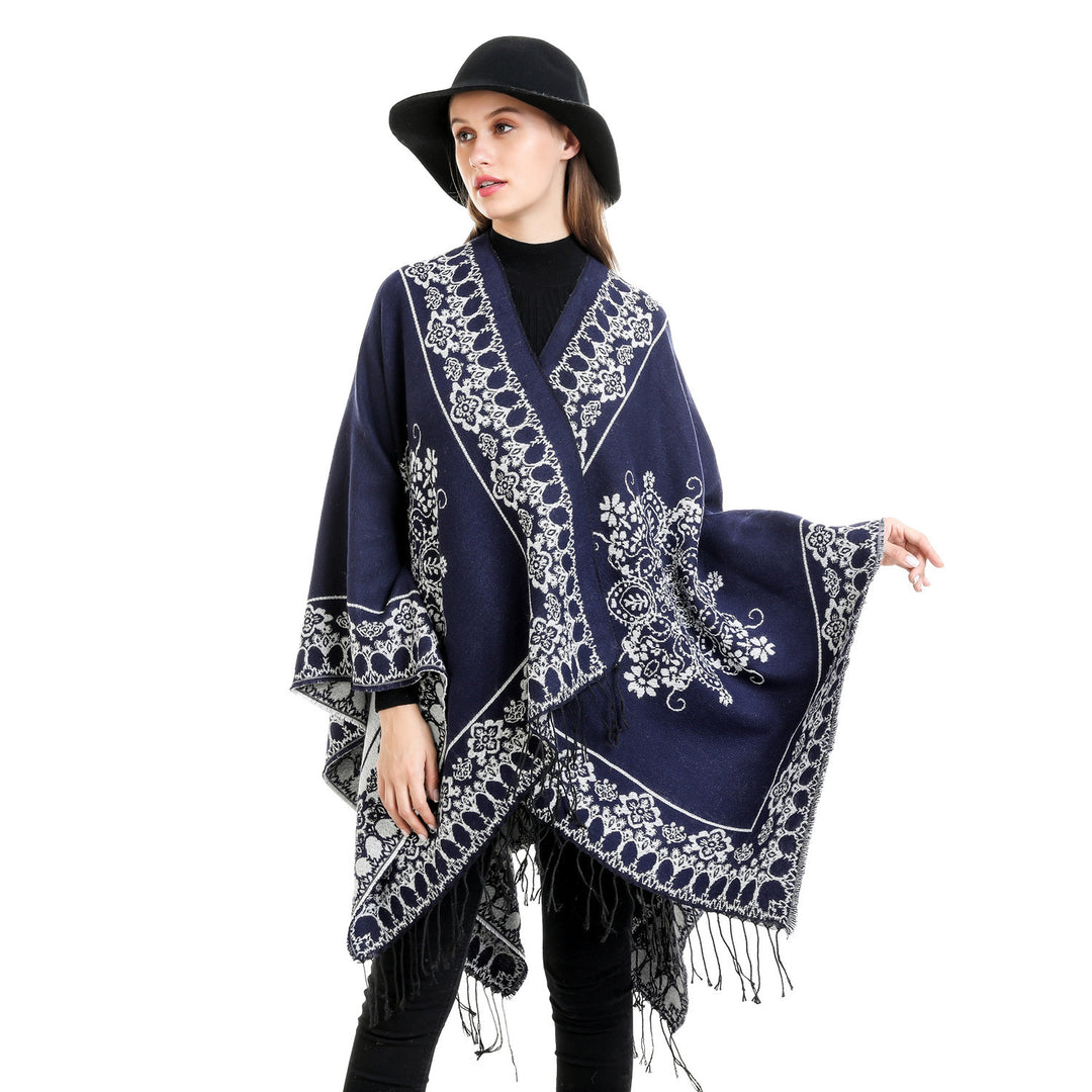 Women's Jacquard Poncho in Kimono Cut with Fringe Hem Mune Fashion