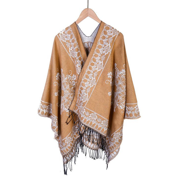Women's Jacquard Poncho in Kimono Cut with Fringe Hem Mune Fashion
