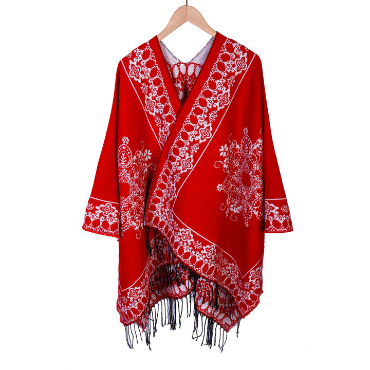 Women's Jacquard Poncho in Kimono Cut with Fringe Hem Mune Fashion