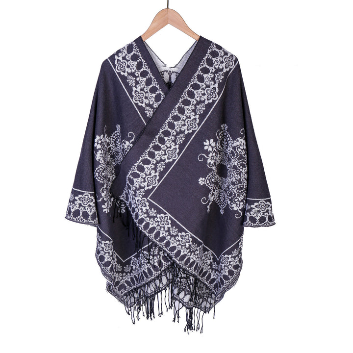 Women's Jacquard Poncho in Kimono Cut with Fringe Hem Mune Fashion