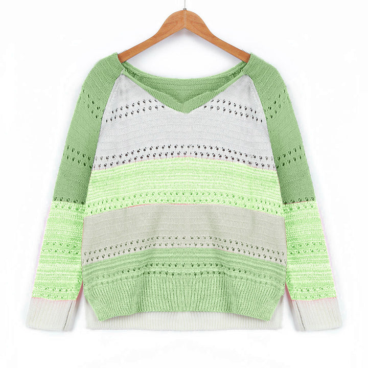 Women's knit sweater with V-neck, loose oversized fit and openwork pattern Mune Fashion