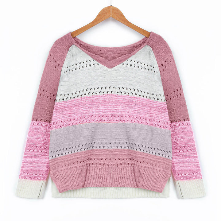 Women's knit sweater with V-neck, loose oversized fit and openwork pattern Mune Fashion