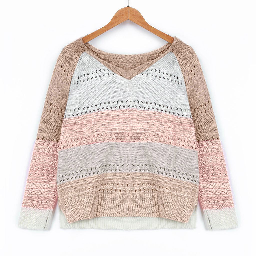 Women's knit sweater with V-neck, loose oversized fit and openwork pattern Mune Fashion