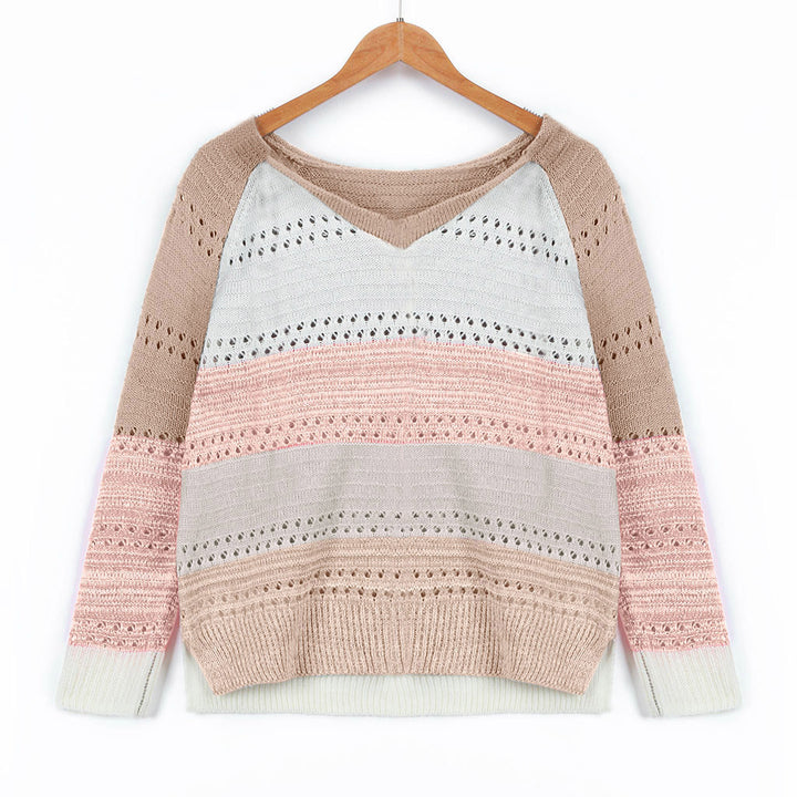 Women's knit sweater with V-neck, loose oversized fit and openwork pattern Mune Fashion