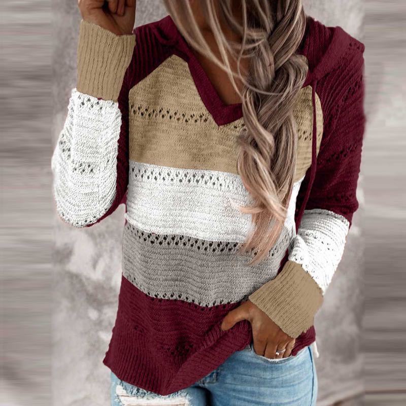 Women Loose Knit Hoodie with Eyelet Pattern and Kangaroo Pocket Mune Fashion
