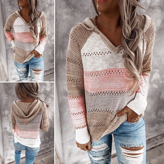 Women Loose Knit Hoodie with Eyelet Pattern and Kangaroo Pocket Mune Fashion