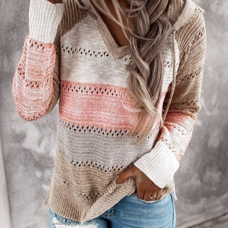 Women Loose Knit Hoodie with Eyelet Pattern and Kangaroo Pocket Mune Fashion