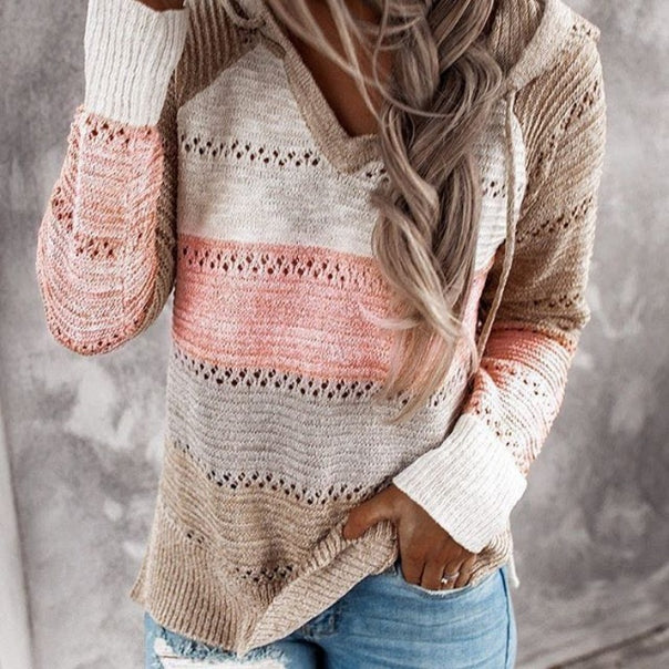 Women Loose Knit Hoodie with Eyelet Pattern and Kangaroo Pocket Mune Fashion