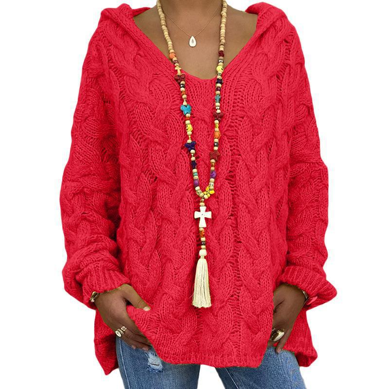 Women’s oversized hooded sweater with cable knit pattern, deep V-neck and side slits Mune Fashion