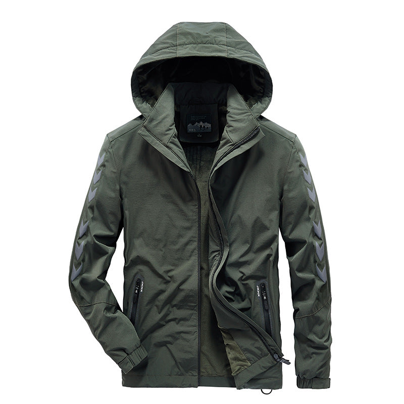 Men's water-repellent softshell jacket with hood, reflective chevron stripes and zippered pockets Mune Fashion