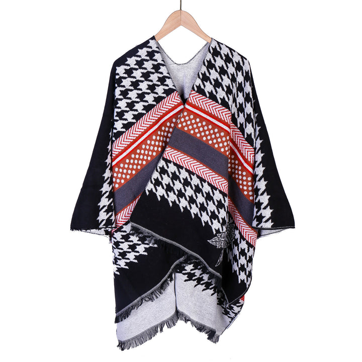 Women's Oversize Ruana with Houndstooth Jacquard and Fringe Hem Mune Fashion