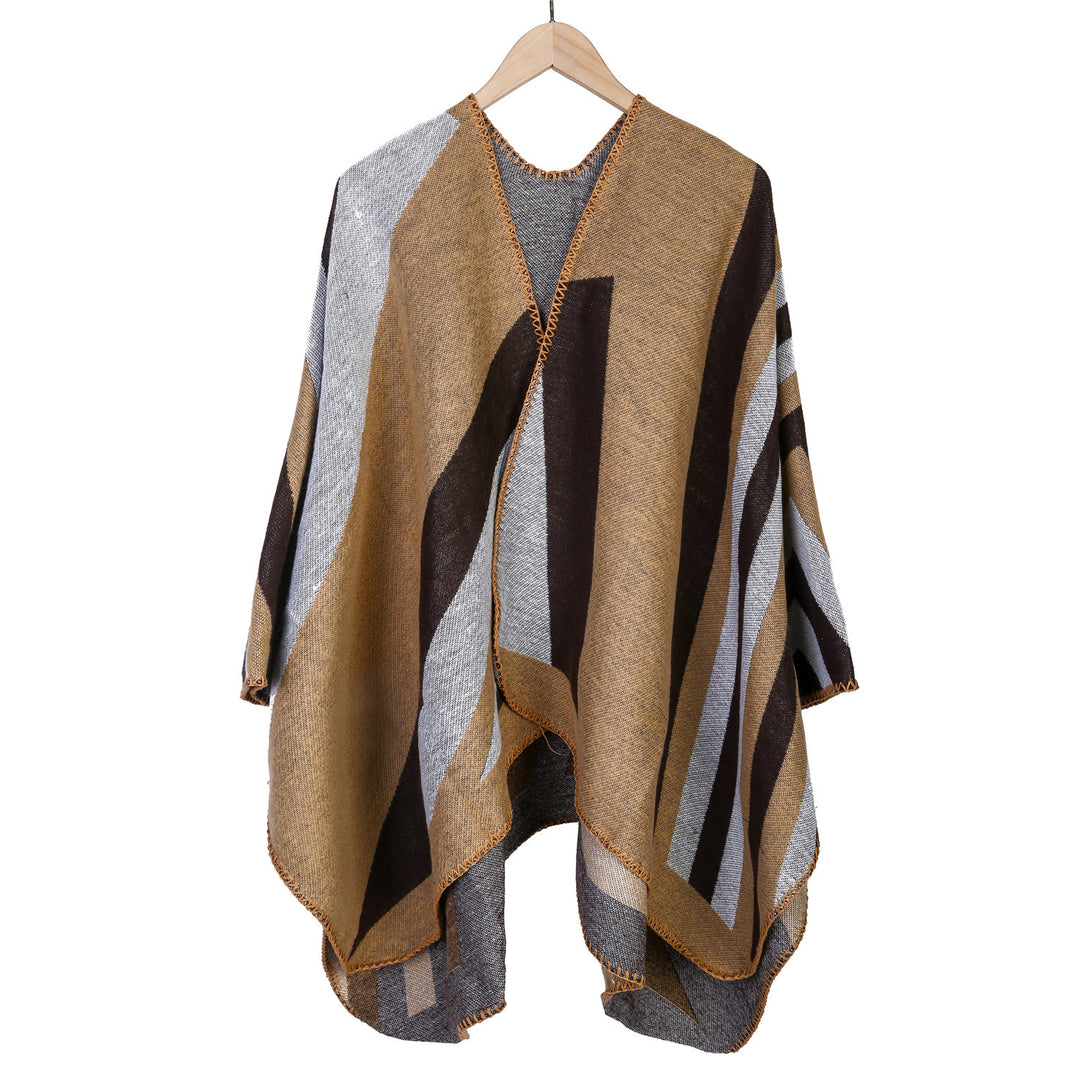 Women's Oversize Ruana with graphic block pattern and decorative overlock seam Mune Fashion
