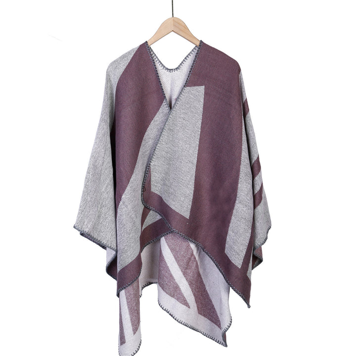 Women's Oversize Ruana with graphic block pattern and decorative overlock seam Mune Fashion