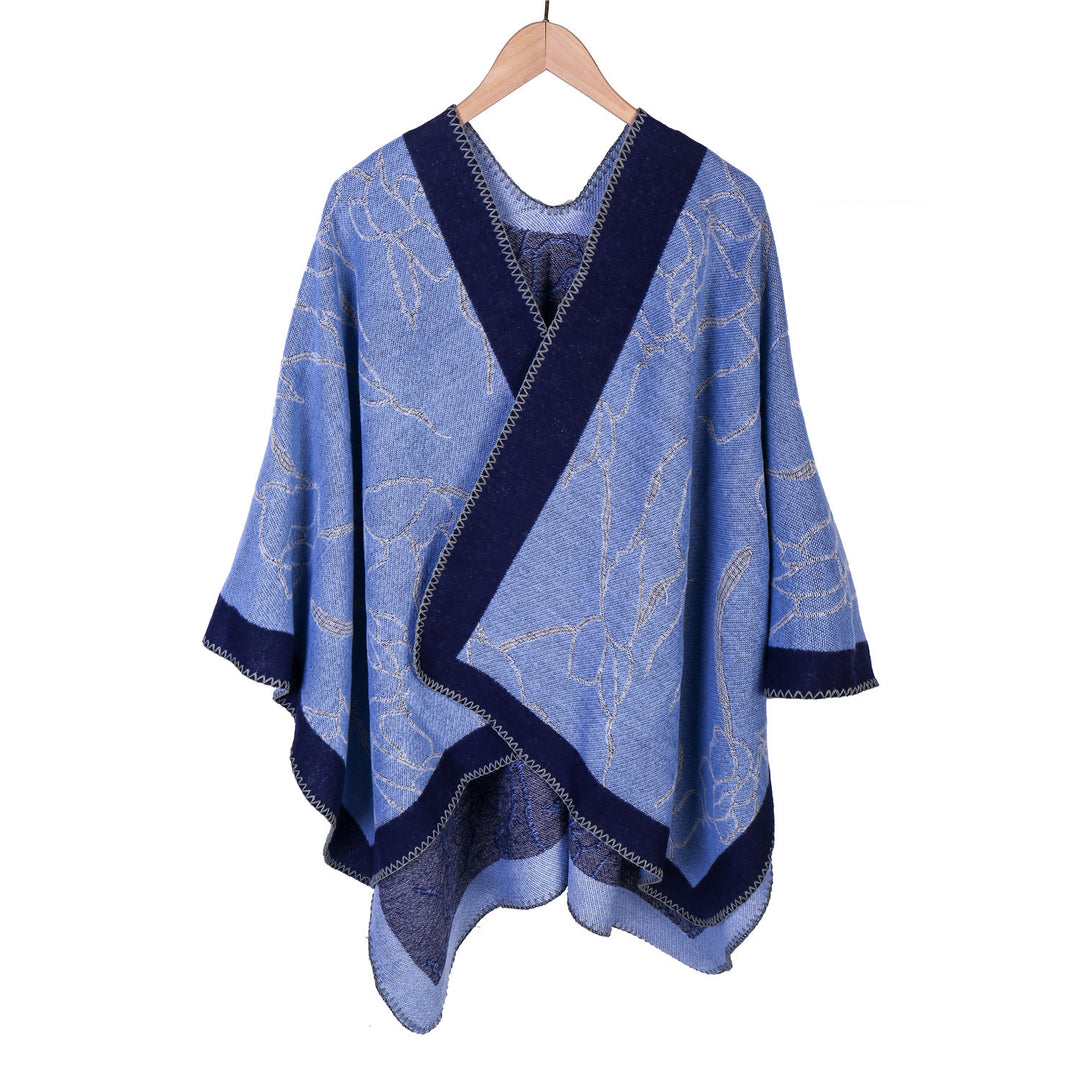 Women Oversize Knit Ruana with Floral Contrast Embroidery Mune Fashion
