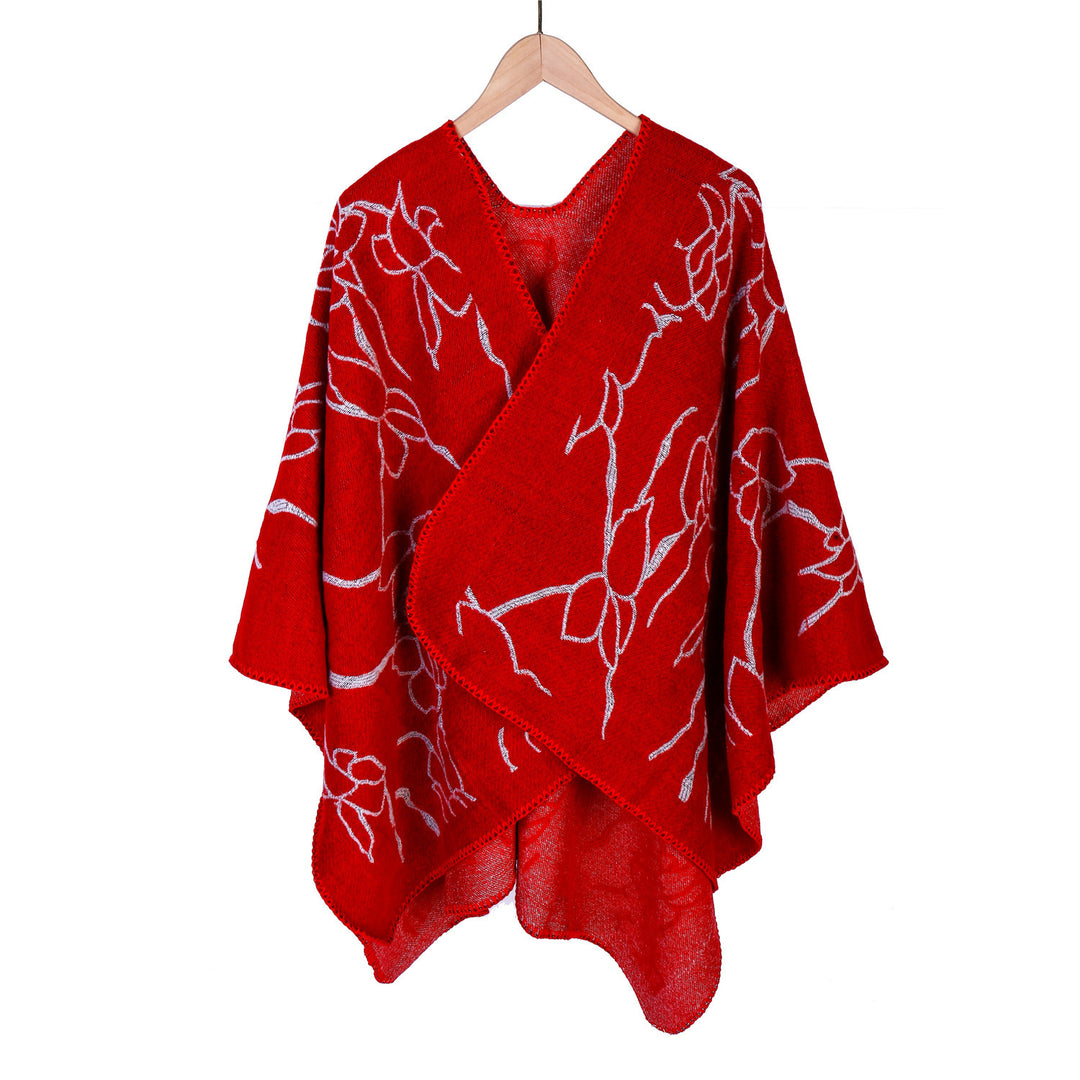 Women Oversize Knit Ruana with Floral Contrast Embroidery Mune Fashion