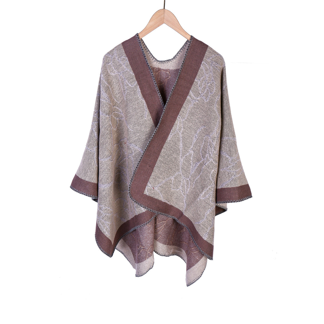Women Oversize Knit Ruana with Floral Contrast Embroidery Mune Fashion
