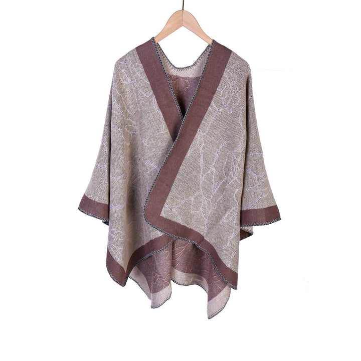 Women Oversize Knit Ruana with Floral Contrast Embroidery Mune Fashion