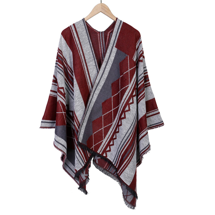 Ladies Jacquard Ruana in Oversized Kimono with Fringes and Geometric Pattern Mune Fashion