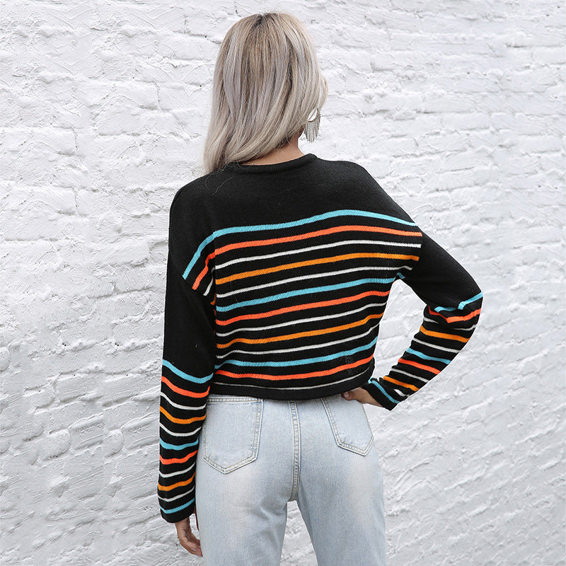Ladies Cropped Fine Knit Sweater with Colorful Block Stripes Mune Fashion