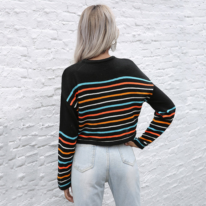 Ladies Cropped Fine Knit Sweater with Colorful Block Stripes Mune Fashion