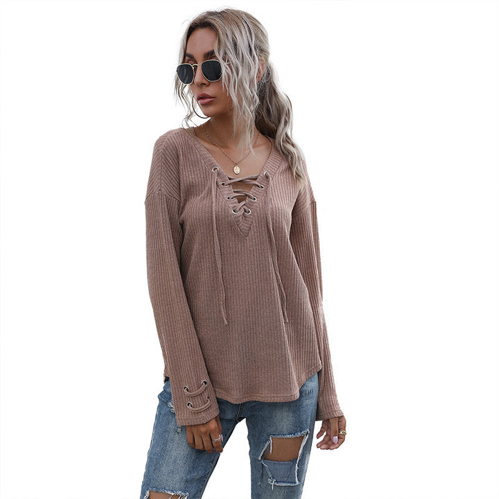 Women's Ribbed V-Neck Sweater with Lacing Detail and Loose Fit Mune Fashion