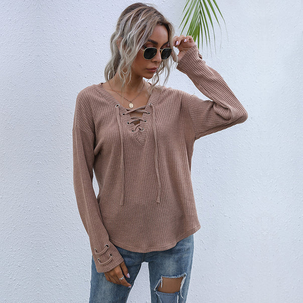 Women's Ribbed V-Neck Sweater with Lacing Detail and Loose Fit Mune Fashion