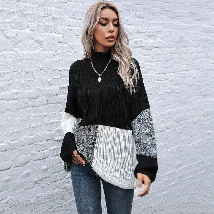 Ladies Oversized Fine Knit Sweater in Block Patch Design with Stand-up Collar Mune Fashion