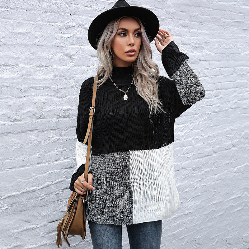 Ladies Oversized Fine Knit Sweater in Block Patch Design with Stand-up Collar Mune Fashion