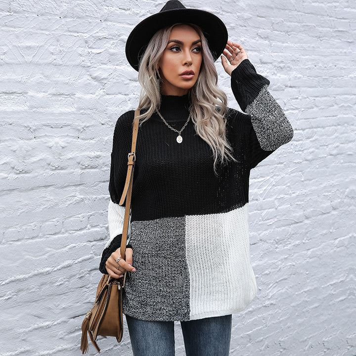 Ladies Oversized Fine Knit Sweater in Block Patch Design with Stand-up Collar Mune Fashion